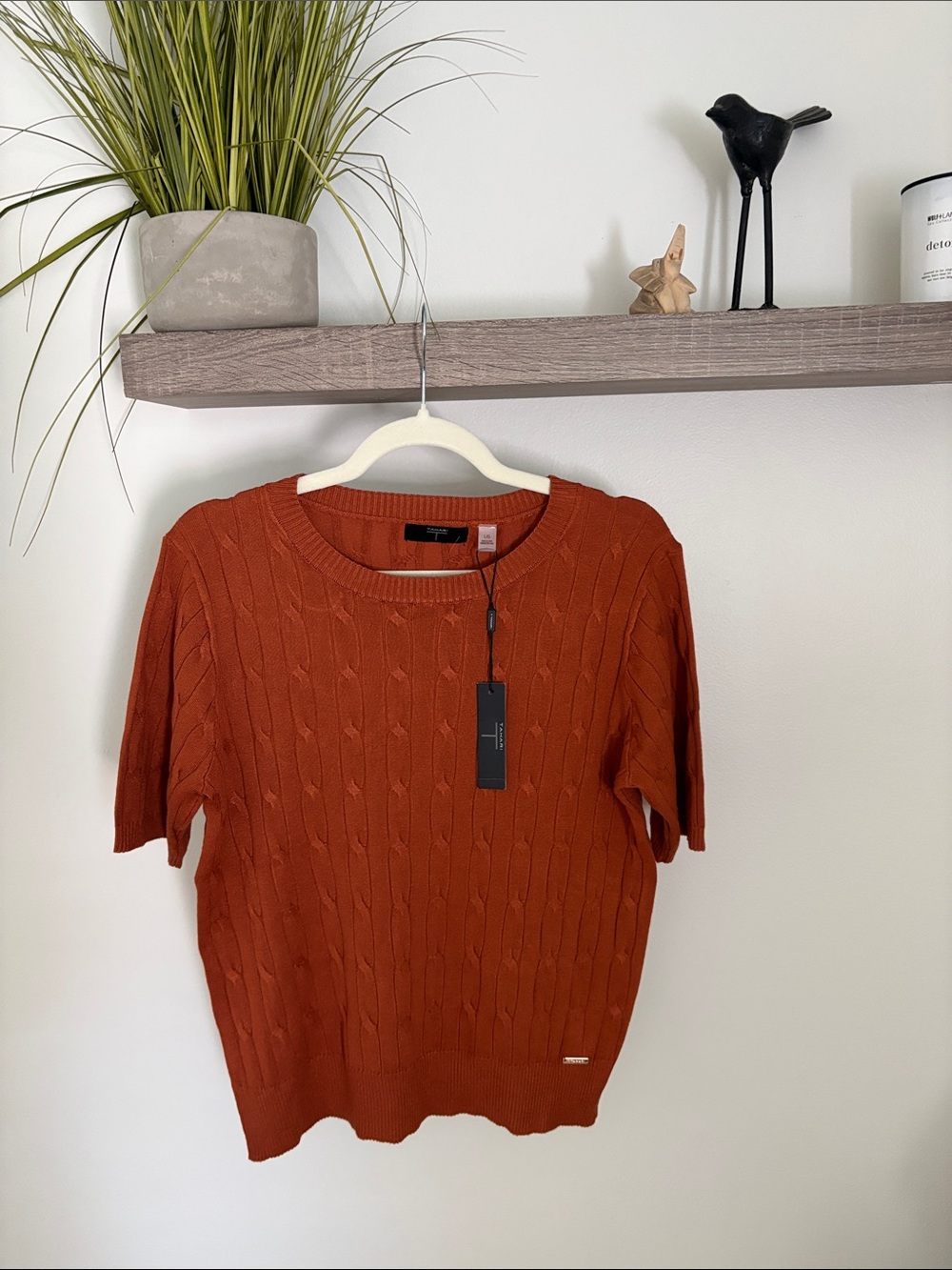 Tahari Rust Cable-Knit Short-Sleeve Crew Sweater - Picture 2 of 4